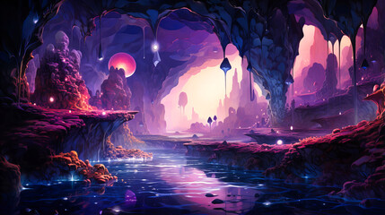 Wall Mural - An abstract cavern filled with floating gems