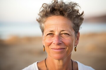 Headshot portrait photography of a glad mature woman wearing a cute crop top at the dead sea in israel/jordan. With generative AI technology