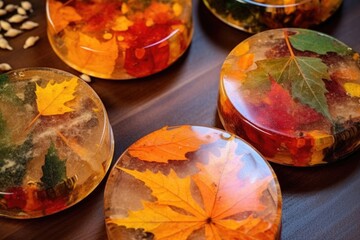 Poster - resin coasters with vibrant fall leaves inside