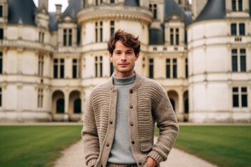 Wall Mural - Lifestyle portrait photography of a tender boy in his 30s wearing a chic cardigan at the chateau de chambord in chambord france. With generative AI technology