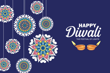 Diwali festival of lights holiday typographic design with hanging paper cut style of Indian Rangoli