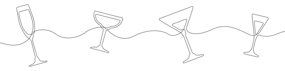 Poster - Cocktail glasses one line hand drawn vector icon. Vector continuous background cocktails set. Alcoholic drinks vector icon. Outline cocktails continuous line vector.