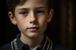 Close-up portrait photography of a glad boy in his 30s wearing a chic pearl necklace at the palace of westminster in london england. With generative AI technology