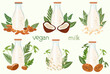 Plant based milk concept, Alternative, non-dairy drinks for health conscious consumers. Organic lactose free options like almond, cashew, pine nut, coconut milk. Milk in bottle glass. Vector