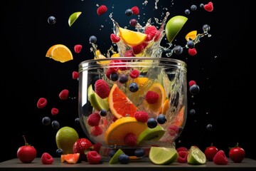 Wall Mural - blender with colorful fruit slices flying into it