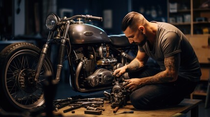 Wall Mural - Muscular young man repairing motorcycle in auto repair shop