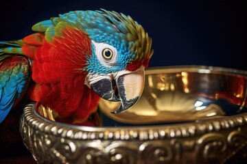 Wall Mural - a parrot gazing at its reflection in a shiny metal bowl