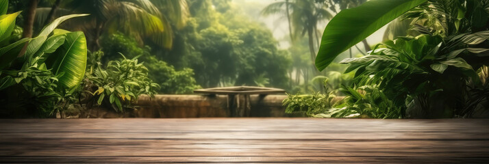 Aufkleber - The empty wooden table top with lush green rainforest amazon jungle leaves and plants in background, Product display template.