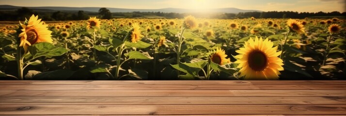 Aufkleber - The empty wooden table top with sunflower field background, Product display template.
