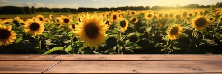 Aufkleber - The empty wooden table top with sunflower field background, Product display template.