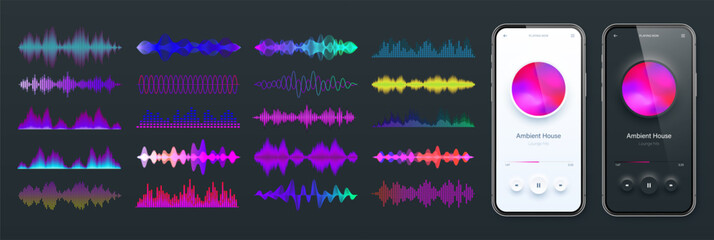 Wall Mural - Online audio player user interface, smartphone app UI design. Music, media streaming and listening platform. Responsive mobile application. Neumorphism. Various sound waves. Vector illustration