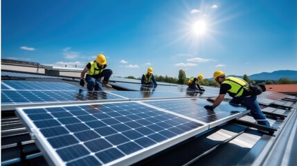 Poster - Group of workers are installing solar photovoltaic panels on roof of building, Sustainable energy jobs.