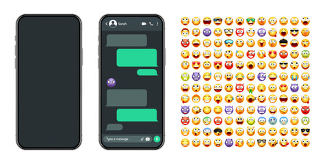 Smartphone messaging app, user interface with emoji. SMS text frame. Chat screen, green message bubbles. Texting app for communication. Social media application. Dark mode. Vector illustration