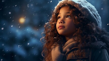 Young girl happily watching the first snow for Christmas, concept: Wonderful Christmas, 16:9, copy space