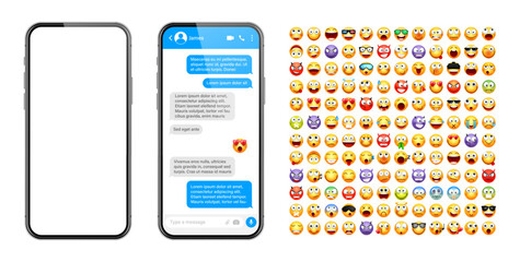 Smartphone messaging app, user interface design with emoji. SMS text frame. Chat screen with blue message bubbles. Texting app for communication. Social media application. Vector illustration