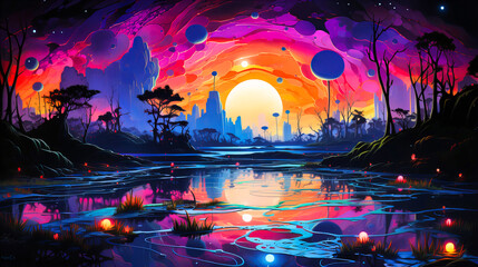 Wall Mural - Navigate the waters of neon glass marshlands