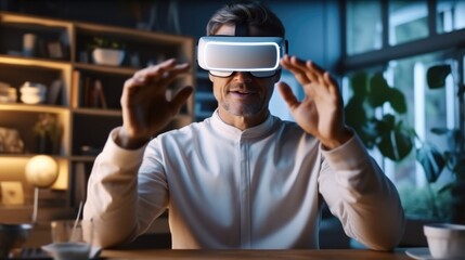 Poster - Man wearing a VR headset and interacting with virtual screens at home, Experiencing virtual reality.