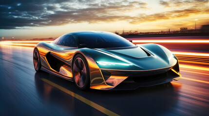 Poster - powerful acceleration of futuristic sports supercar on highway track.