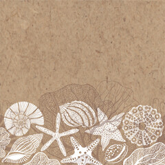 Pre-made design with seashells, starfish, corals and place for text on kraft paper. For cards, flyer, poster, banner, brochure, post in social networks, advertising, events and page cover.