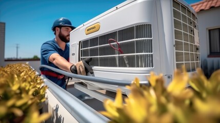 Aufkleber - Air conditioner workers service outside unit at home.
