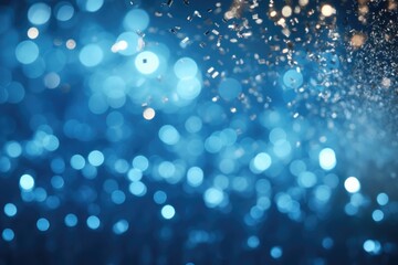 Blue bokeh light background, Christmas glowing bokeh confetti and sparkle texture overlay for your design. Sparkling blue dust abstract luxury decoration background.