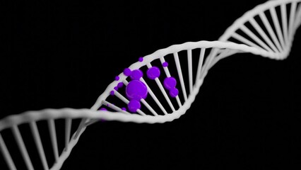 Poster - Moving 3d dna spiral with colored molecules. Design. Colored spherical molecules on dna helix. Diseases in the form of colored molecules in dna chain