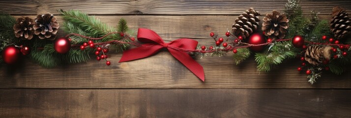 Wall Mural - overhead photo of red and green holiday ribbons, holly, and pinecones for the winter seasonal holidays. Laid on wooden tabletop with copy space