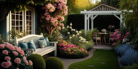 Wall Mural - Backyard patio outdoors with flowers, grass, hedges, and a sitting area among the landscaping