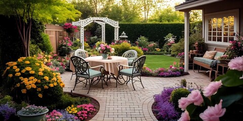 Wall Mural - Backyard patio outdoors with flowers, grass, hedges, and a sitting area among the landscaping