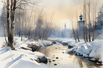 Wall Mural - Winter rural landscape. Frosty winter evening. Beautiful illustration in a watercolor style.