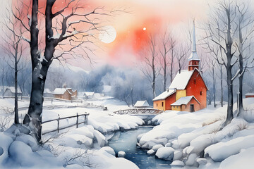 Wall Mural - Winter rural landscape. Frosty winter evening. Beautiful illustration in a watercolor style.