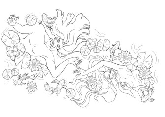 A guy and a girl in the water among the flowers and leaves of water lilies and koi fish. Line drawing by hand. For high quality printing on clothing and objects. Fantasy art from the ZODIAC collection