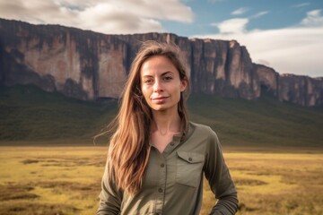 Canvas Print - Photography in the style of pensive portraiture of a blissful girl in her 40s wearing a breathable golf polo at the mount roraima in guiana shield south america. With generative AI technology