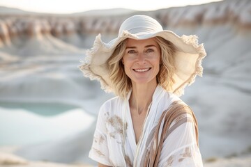 Poster - Lifestyle portrait photography of a tender mature woman wearing a whimsical sunhat at the pamukkale in denizli turkey. With generative AI technology