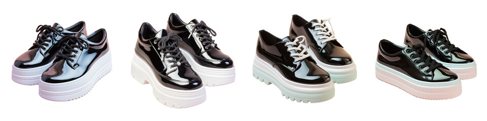 Sticker - Fashionable black shoes with patent leather white sole and black laces exhibiting a unique style on a transparent background