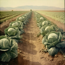 Fresh Cabbage In A Field, Cabbage Are Growing In A Garden Background