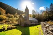 Sunny view of St. Kieran church, a small medieval Christian church in Glendalough, Ireland. Generative AI