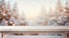 Beautiful Snowy Park Winter Snowy Landscape Scenery Park With Rustic Wooden Plank Table Empty Board For Product Montage Mockup Display Copy Space Banner