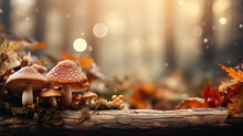 A Cozy Autumnal Forest Setting Filled With Fallen Leaves And Mushrooms Background With Empty Space For Text 