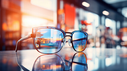 Spectacle optics shop, Fashion glasses on display on the shelf of the optical store mall.