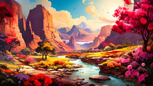 Explore The Canyons Of Towering Abstract Retro Floral Cliffs