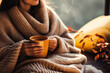 A young woman snuggles under a warm blanket sipping tea and getting lost in the pages of a captivating autumn read 