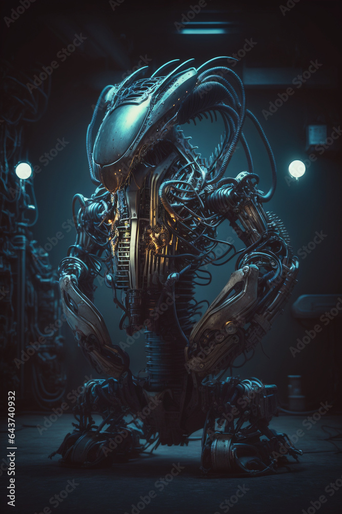 Futuristic Mechanical Alien Creature Robot Fantasy Illustration, Creepy Monster