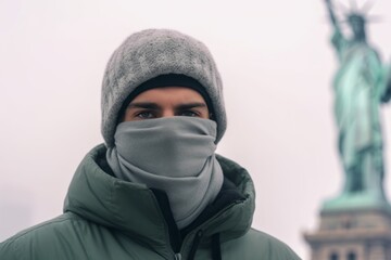 Poster - Photography in the style of pensive portraiture of a satisfied boy in his 30s wearing a protective neck gaiter in front of the statue of liberty in new york usa. With generative AI technology