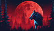 Halloween wolf or werewolf under the red moon with copy space