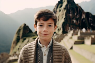 Wall Mural - Close-up portrait photography of a blissful boy in his 30s wearing a chic cardigan at the machu picchu in cusco peru. With generative AI technology