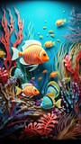 Fototapeta Dmuchawce - Underwater Tropic Fish Paper Cut Phone Wallpaper Background Illustration