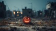 Halloween jack-o-lantern carved pumpkin head to frighten people, abandoned haunted houses in silent village, scary night, evil creepy face, candle lit illuminated - generative AI