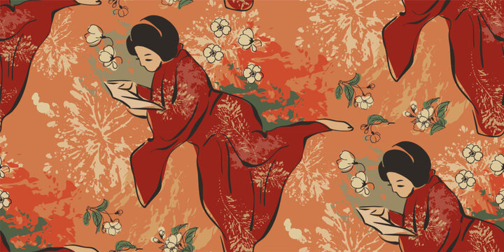 Wall Mural -  - kimono girl reading red japanese chinese traditional vector illustration card background seamless pattern colorful watercolor ink textured