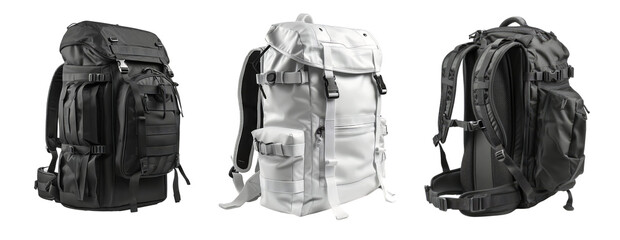 Set of three hiking backpack isolated on transparent background. Concept of travel, outdoor and trip.